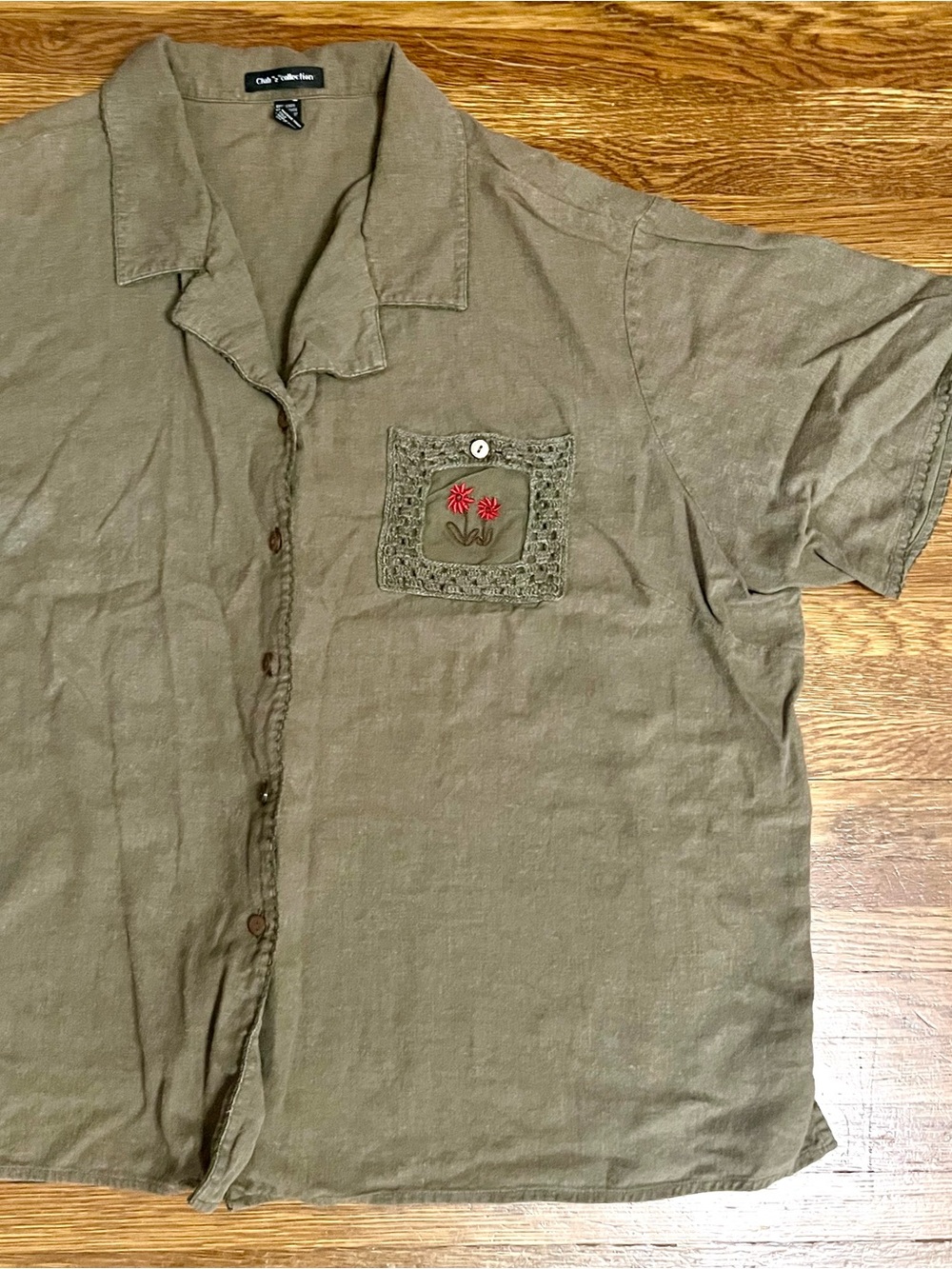 Linen blend women’s camp shirt 26 28 summer grandma cottage Olive green boxy